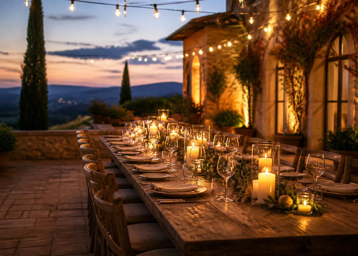 Long communal dinner table on a villa terrace at dusk